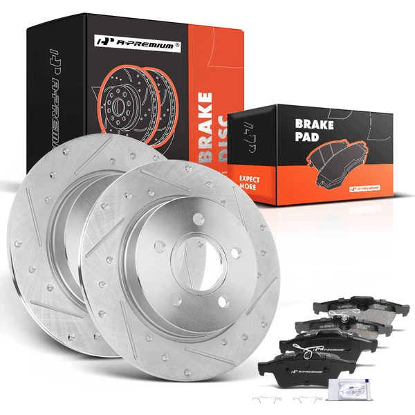 2012-2018 Ford Focus Drilled & Slotted Disc Brake Rotors and Ceramic Pads Kit, 6 Pcs, Rear Driver & Passenger, A-Premium, APBRPS280