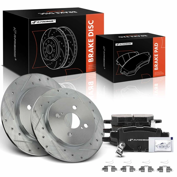 2012-2018 Toyota Yaris Drilled & Slotted Disc Brake Rotors and Ceramic Pads Kit, 6 Pcs, Rear Driver & Passenger, A-Premium, APBRPS1308