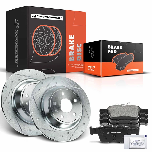 Drilled & Slotted Disc Brake Rotors and Ceramic Pads Kit, 6 Pcs, Rear Driver & Passenger, A-Premium, APBRPS985