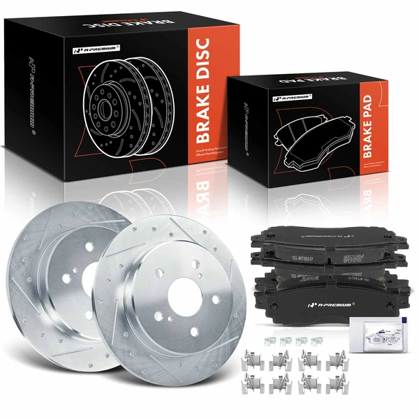 2020-2021 Toyota C-HR Drilled & Slotted Disc Brake Rotors and Ceramic Pads Kit, 6 Pcs, Rear Driver & Passenger, A-Premium, APBRPS1314