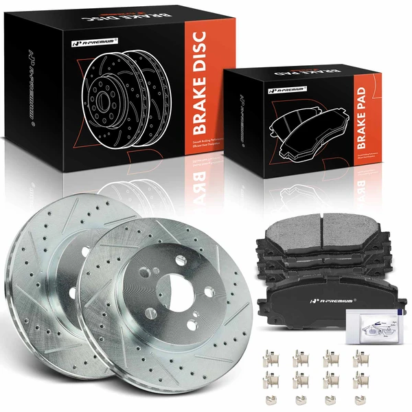 2020 2022 Toyota Corolla Drilled & Slotted Disc Brake Rotors and Ceramic Pads Kit, 6 Pcs, Front Driver & Passenger, A-Premium, APBRPS1315