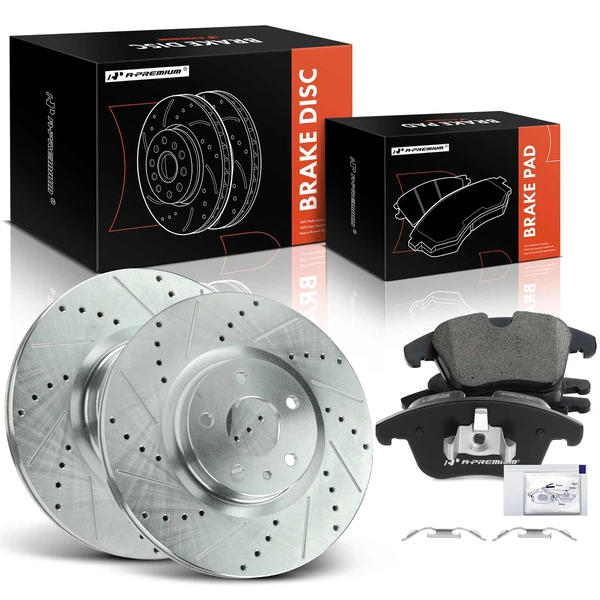 2013-2020 Ford Fusion Drilled & Slotted Disc Brake Rotors and Ceramic Pads Kit, 6 Pcs, Front Driver & Passenger, A-Premium, APBRPS1436
