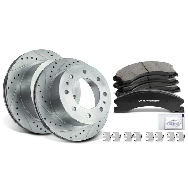 2016-2018 Chevrolet Suburban 3500 HD Drilled & Slotted Disc Brake Rotors and Ceramic Pads Kit, 6 Pcs, Rear Driver & Passenger, A-Premium, APBRPS282