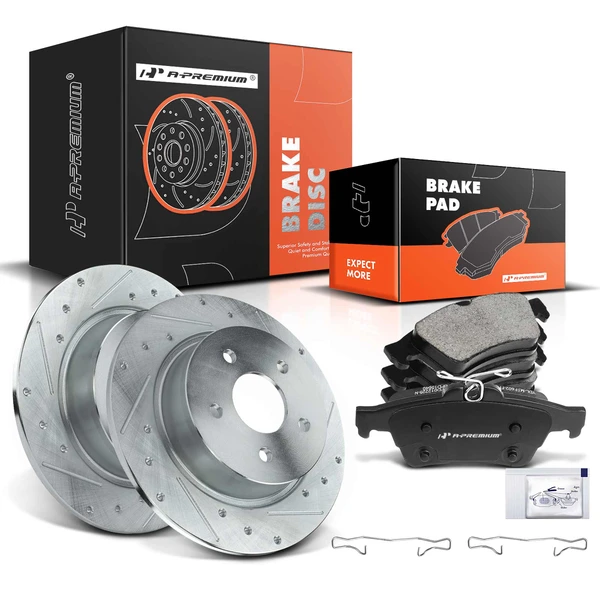 2014-2018 Ford Transit Connect Drilled & Slotted Disc Brake Rotors and Ceramic Pads Kit, 6 Pcs, Rear Driver & Passenger, A-Premium, APBRPS283