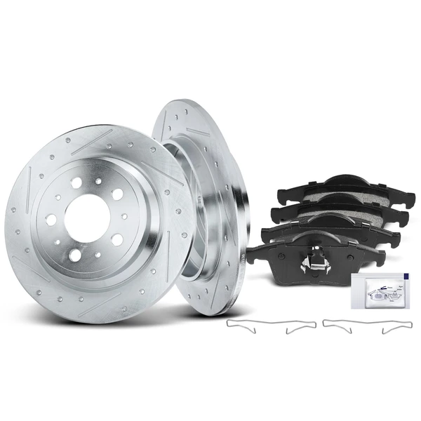 Drilled & Slotted Disc Brake Rotors and Ceramic Pads Kit, 6 Pcs, Rear Driver & Passenger, A-Premium, APBRPS025