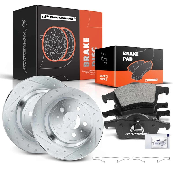 2003-2007 Volvo XC70 Drilled & Slotted Disc Brake Rotors and Ceramic Pads Kit, 6 Pcs, Rear Driver & Passenger, A-Premium, APBRPS025