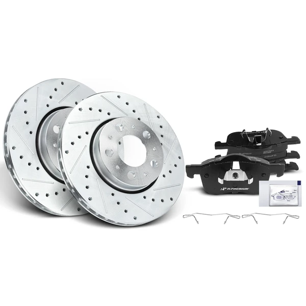 Drilled & Slotted Disc Brake Rotors and Ceramic Pads Kit, 6 Pcs, Front Driver & Passenger, A-Premium, APBRPS026