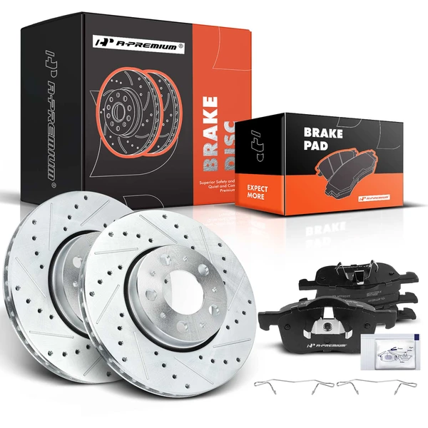 2003-2007 Volvo XC70 Drilled & Slotted Disc Brake Rotors and Ceramic Pads Kit, 6 Pcs, Front Driver & Passenger, A-Premium, APBRPS026