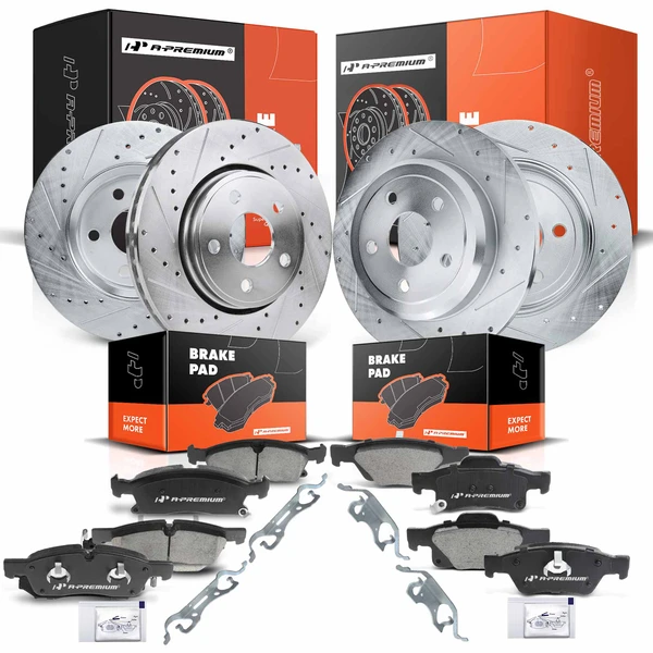 2011-2020 Dodge Durango Drilled & Slotted Disc Brake Rotors and Ceramic Pads Kit, 12 Pcs, Front & Rear, A-Premium, APBRPS128