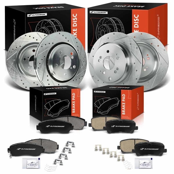 Drilled & Slotted Disc Brake Rotors and Ceramic Pads Kit, 12 Pcs, Front & Rear, A-Premium, APBRPS1322