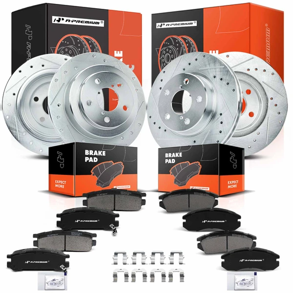 1990-1996 Subaru Legacy Drilled & Slotted Disc Brake Rotors and Ceramic Pads Kit, 12 Pcs, Front & Rear, A-Premium, APBRPS286