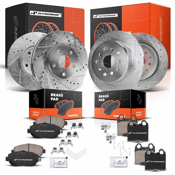 2001-2005 Lexus GS430 Drilled & Slotted Disc Brake Rotors and Ceramic Pads Kit, 12 Pcs, Front & Rear, A-Premium, APBRPS623