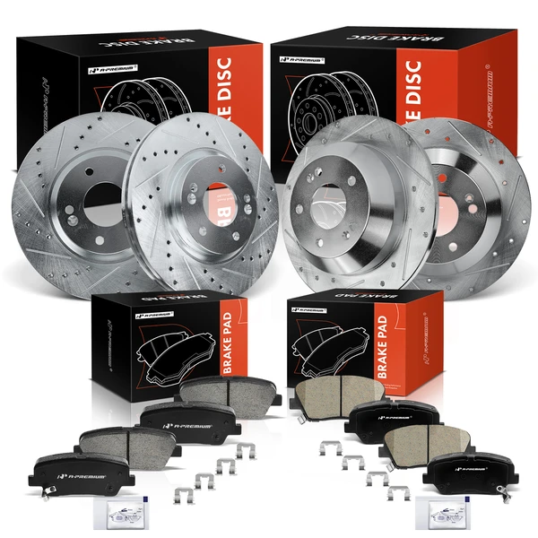 2011-2013 Kia Sorento Drilled & Slotted Disc Brake Rotors and Ceramic Pads Kit, 12 Pcs, Front & Rear, A-Premium, APBRPS412