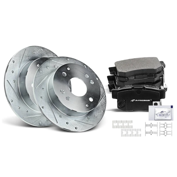 Drilled & Slotted Disc Brake Rotors and Ceramic Pads Kit, 6 Pcs, Rear Driver & Passenger, A-Premium, APBRPS028
