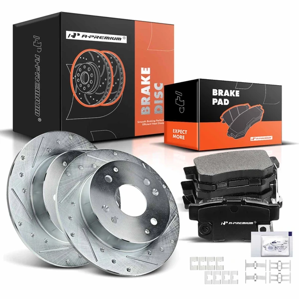 1998-1999 Acura CL Drilled & Slotted Disc Brake Rotors and Ceramic Pads Kit, 6 Pcs, Rear Driver & Passenger, A-Premium, APBRPS028