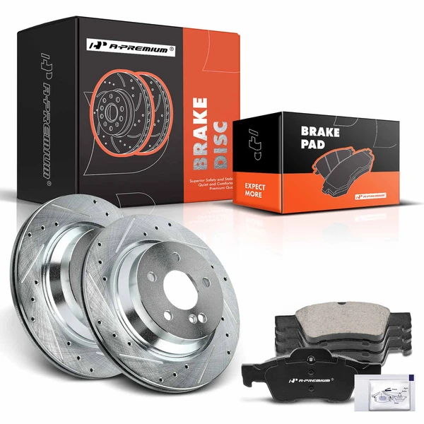 2007-2011 Mercedes-Benz CLS550 Drilled & Slotted Disc Brake Rotors and Ceramic Pads Kit, 6 Pcs, Rear Driver & Passenger, A-Premium, APBRPS990