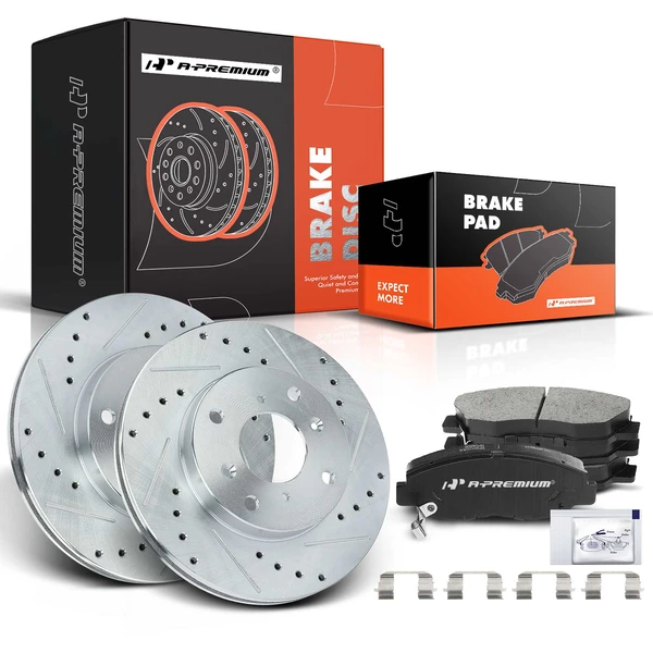 1998-2002 Honda Accord Drilled & Slotted Disc Brake Rotors and Ceramic Pads Kit, 6 Pcs, Front Driver & Passenger, A-Premium, APBRPS027