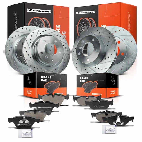2007 BMW 328i Drilled & Slotted Disc Brake Rotors and Ceramic Pads Kit, 12 Pcs, Front & Rear, A-Premium, APBRPS1038