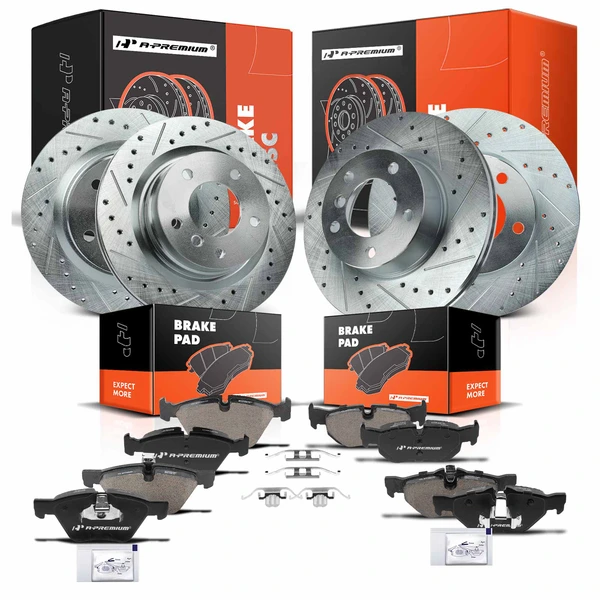 Drilled & Slotted Disc Brake Rotors and Ceramic Pads Kit, 12 Pcs, Front & Rear, A-Premium, APBRPS1038