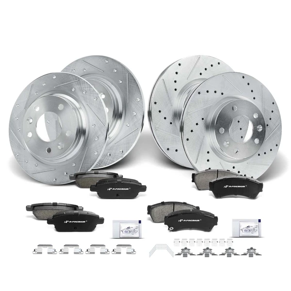 Drilled & Slotted Disc Brake Rotors and Ceramic Pads Kit, 12 Pcs, Front & Rear, A-Premium, APBRPS240