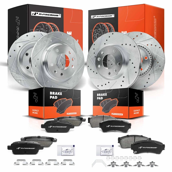 2006-2011 Ford Fusion Drilled & Slotted Disc Brake Rotors and Ceramic Pads Kit, 12 Pcs, Front & Rear, A-Premium, APBRPS240