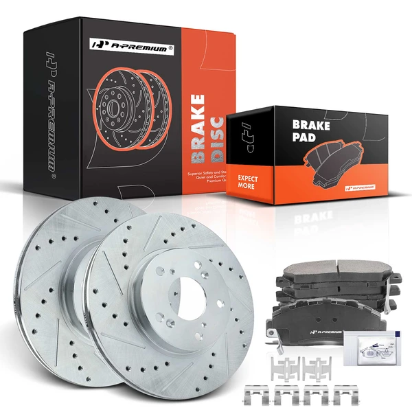 Drilled & Slotted Disc Brake Rotors and Ceramic Pads Kit, 6 Pcs, Front Driver & Passenger, A-Premium, APBRPS627