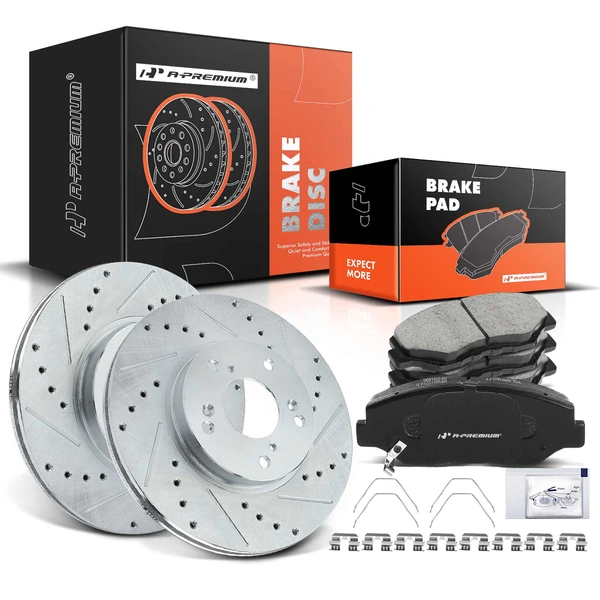 2014-2015 Acura ILX Drilled & Slotted Disc Brake Rotors and Ceramic Pads Kit, 6 Pcs, Front Driver & Passenger, A-Premium, APBRPS287