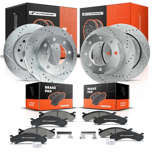 2007-2010 GMC Sierra 3500 HD Drilled & Slotted Disc Brake Rotors and Ceramic Pads Kit, 12 Pcs, Front & Rear, A-Premium, APBRPS132