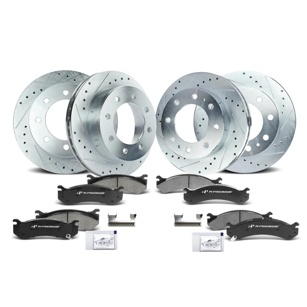 Drilled & Slotted Disc Brake Rotors and Ceramic Pads Kit, 12 Pcs, Front & Rear, A-Premium, APBRPS134