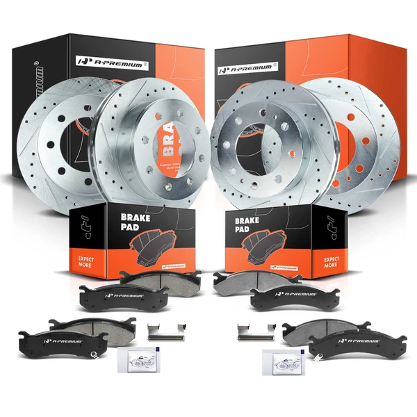 2007-2010 Chevrolet Silverado 3500 HD Drilled & Slotted Disc Brake Rotors and Ceramic Pads Kit, 12 Pcs, Front & Rear, A-Premium, APBRPS134