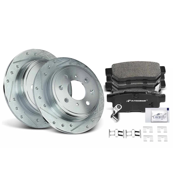 Drilled & Slotted Disc Brake Rotors and Ceramic Pads Kit, 6 Pcs, Rear Driver & Passenger, A-Premium, APBRPS030