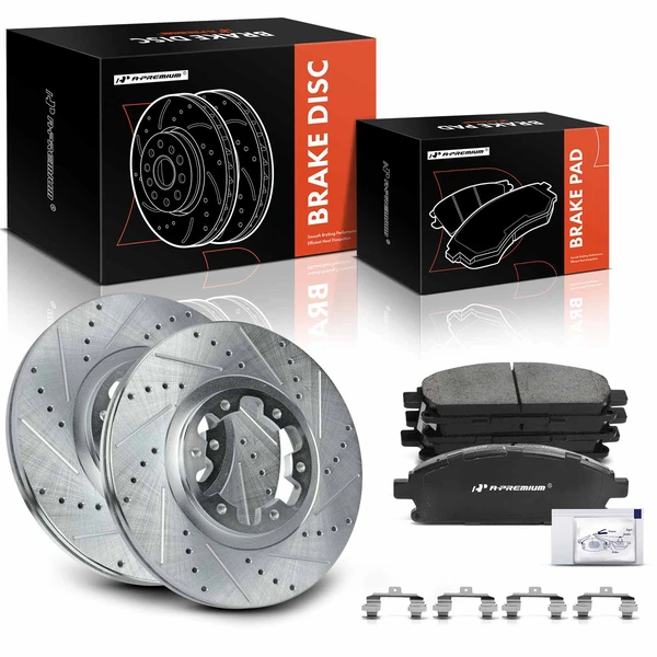 1998-2003 INFINITI QX4 Drilled & Slotted Disc Brake Rotors and Ceramic Pads Kit, 6 Pcs, Front Driver & Passenger, A-Premium, APBRPS625