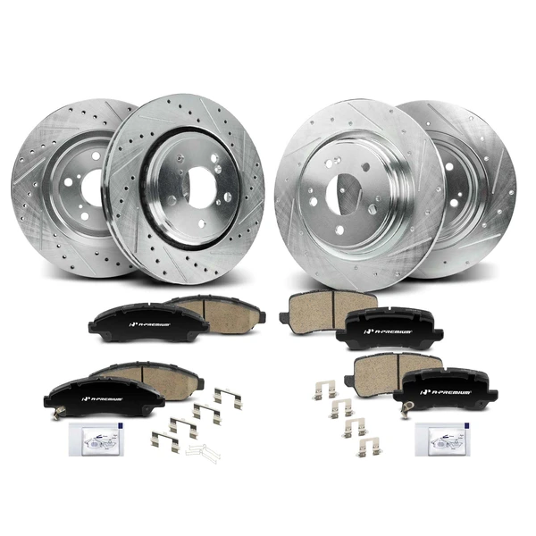 2017-2020 Acura MDX Drilled & Slotted Disc Brake Rotors and Ceramic Pads Kit, 12 Pcs, Front & Rear, A-Premium, APBRPS1324