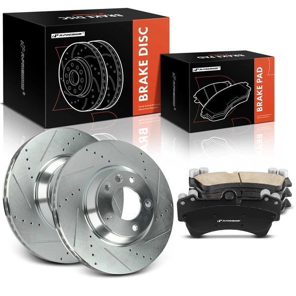 2007-2015 Audi Q7 Drilled & Slotted Disc Brake Rotors and Ceramic Pads Kit, 6 Pcs, Front Driver & Passenger, A-Premium, APBRPS1390