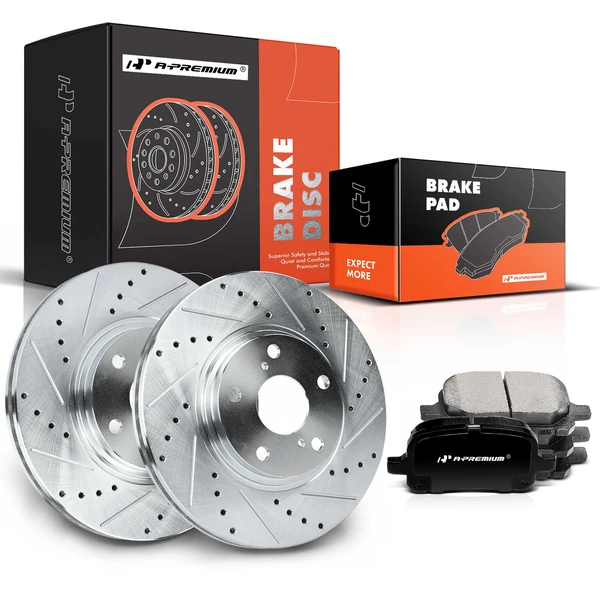 Drilled & Slotted Disc Brake Rotors and Ceramic Pads Kit, 6 Pcs, Front Driver & Passenger, A-Premium, APBRPS629