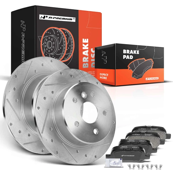 2000-2004 Toyota Avalon Drilled & Slotted Disc Brake Rotors and Ceramic Pads Kit, 6 Pcs, Rear Driver & Passenger, A-Premium, APBRPS288