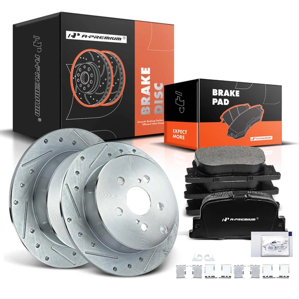 2005-2010 Scion tC Drilled & Slotted Disc Brake Rotors and Ceramic Pads Kit, 6 Pcs, Rear Driver & Passenger, A-Premium, APBRPS135