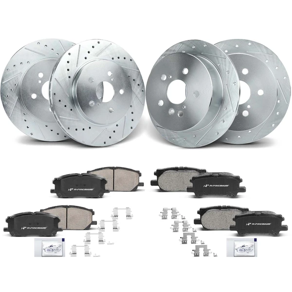 Drilled & Slotted Disc Brake Rotors and Ceramic Pads Kit, 12 Pcs, Front & Rear, A-Premium, APBRPS628