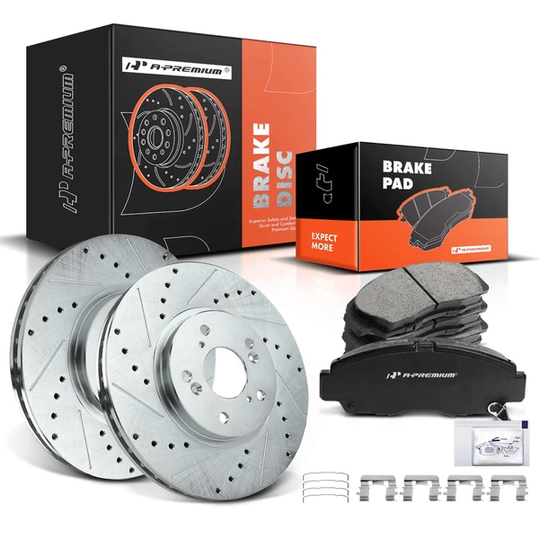 Drilled & Slotted Disc Brake Rotors and Ceramic Pads Kit, 6 Pcs, Front Driver & Passenger, A-Premium, APBRPS031