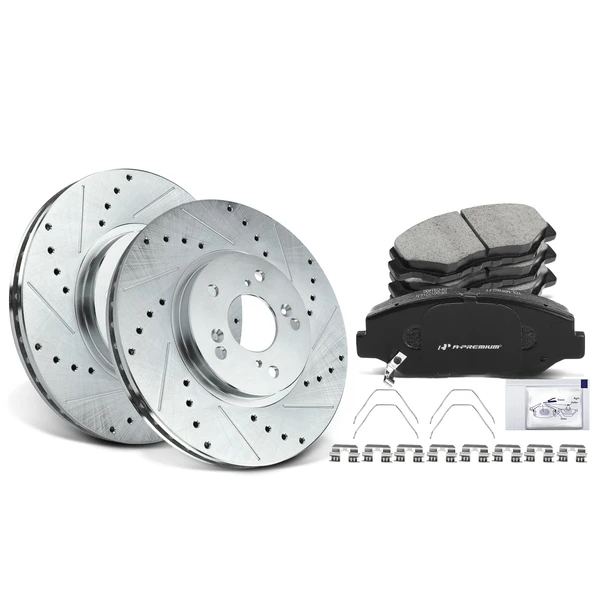 Drilled & Slotted Disc Brake Rotors and Ceramic Pads Kit, 6 Pcs, Front Driver & Passenger, A-Premium, APBRPS291