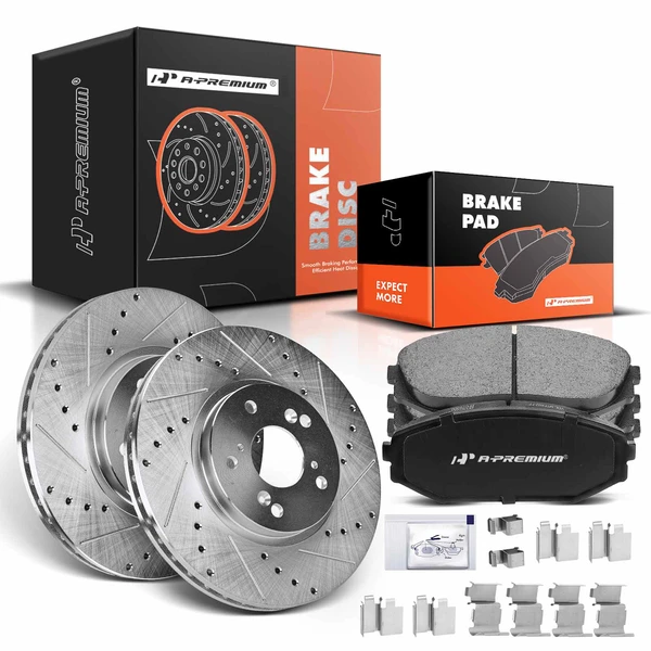 2001-2002 Acura MDX Drilled & Slotted Disc Brake Rotors and Ceramic Pads Kit, 6 Pcs, Front Driver & Passenger, A-Premium, APBRPS293