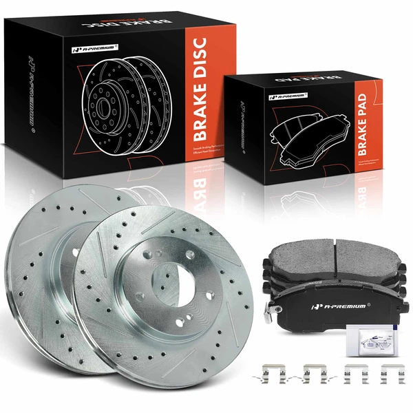 2000-2001 INFINITI I30 Drilled & Slotted Disc Brake Rotors and Ceramic Pads Kit, 6 Pcs, Front Driver & Passenger, A-Premium, APBRPS1437