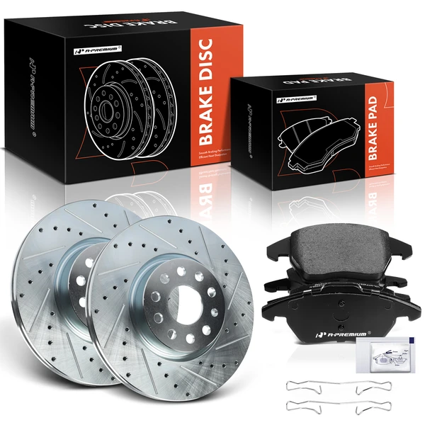 2006-2013 Audi A3 Drilled & Slotted Disc Brake Rotors and Ceramic Pads Kit, 6 Pcs, Front Driver & Passenger, A-Premium, APBRPS419