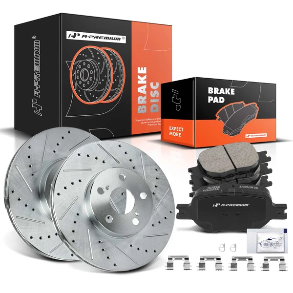 2005-2010 Scion tC Drilled & Slotted Disc Brake Rotors and Ceramic Pads Kit, 6 Pcs, Front Driver & Passenger, A-Premium, APBRPS289