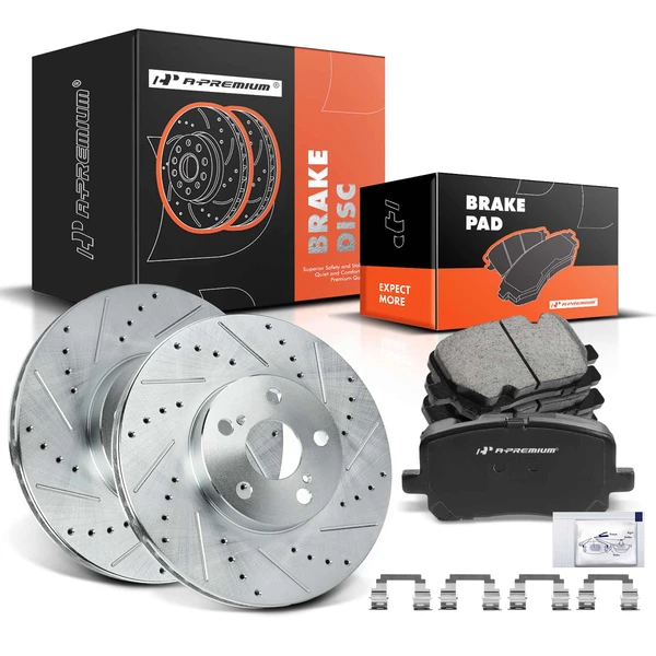 2003-2008 Toyota Corolla Drilled & Slotted Disc Brake Rotors and Ceramic Pads Kit, 6 Pcs, Front Driver & Passenger, A-Premium, APBRPS290