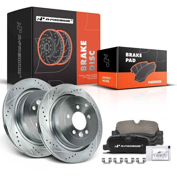 Drilled & Slotted Disc Brake Rotors and Ceramic Pads Kit, 6 Pcs, Rear Driver & Passenger, A-Premium, APBRPS1039