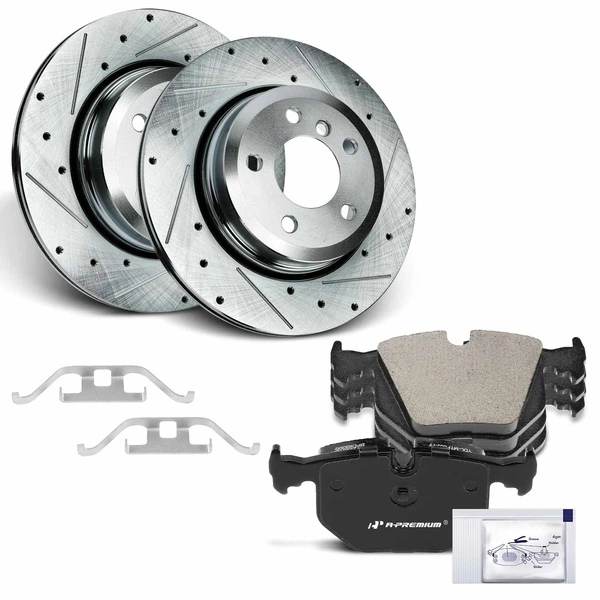2004-2010 BMW X3 Drilled & Slotted Disc Brake Rotors and Ceramic Pads Kit, 6 Pcs, Rear Driver & Passenger, A-Premium, APBRPS994