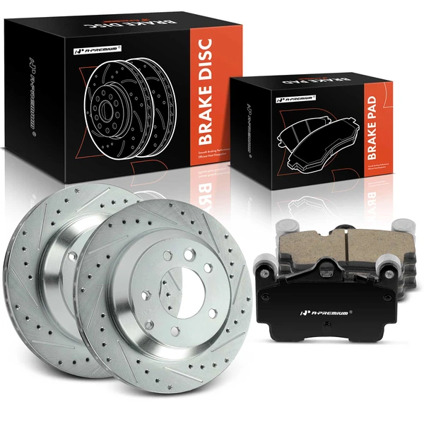 2007-2015 Audi Q7 Drilled & Slotted Disc Brake Rotors and Ceramic Pads Kit, 6 Pcs, Rear Driver & Passenger, A-Premium, APBRPS1391