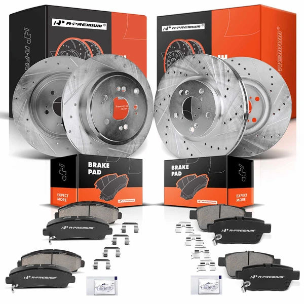 2006-2011 Honda Ridgeline Drilled & Slotted Disc Brake Rotors and Ceramic Pads Kit, 12 Pcs, Front & Rear, A-Premium, APBRPS632