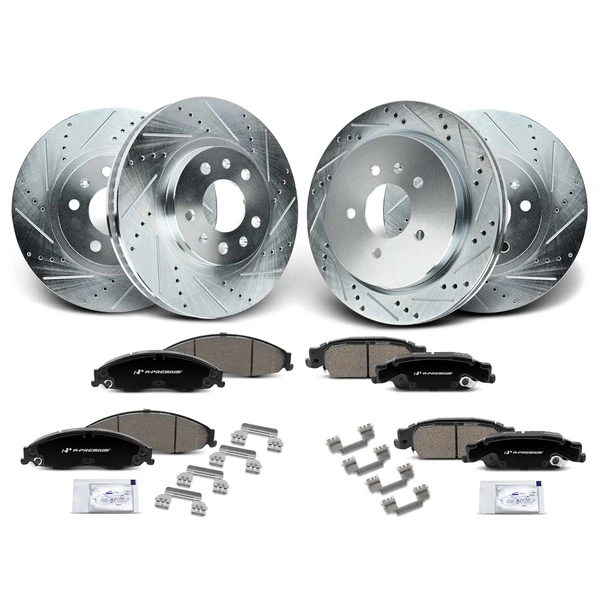 2003-2007 Cadillac CTS Drilled & Slotted Disc Brake Rotors and Ceramic Pads Kit, 12 Pcs, Front & Rear, A-Premium, APBRPS1055